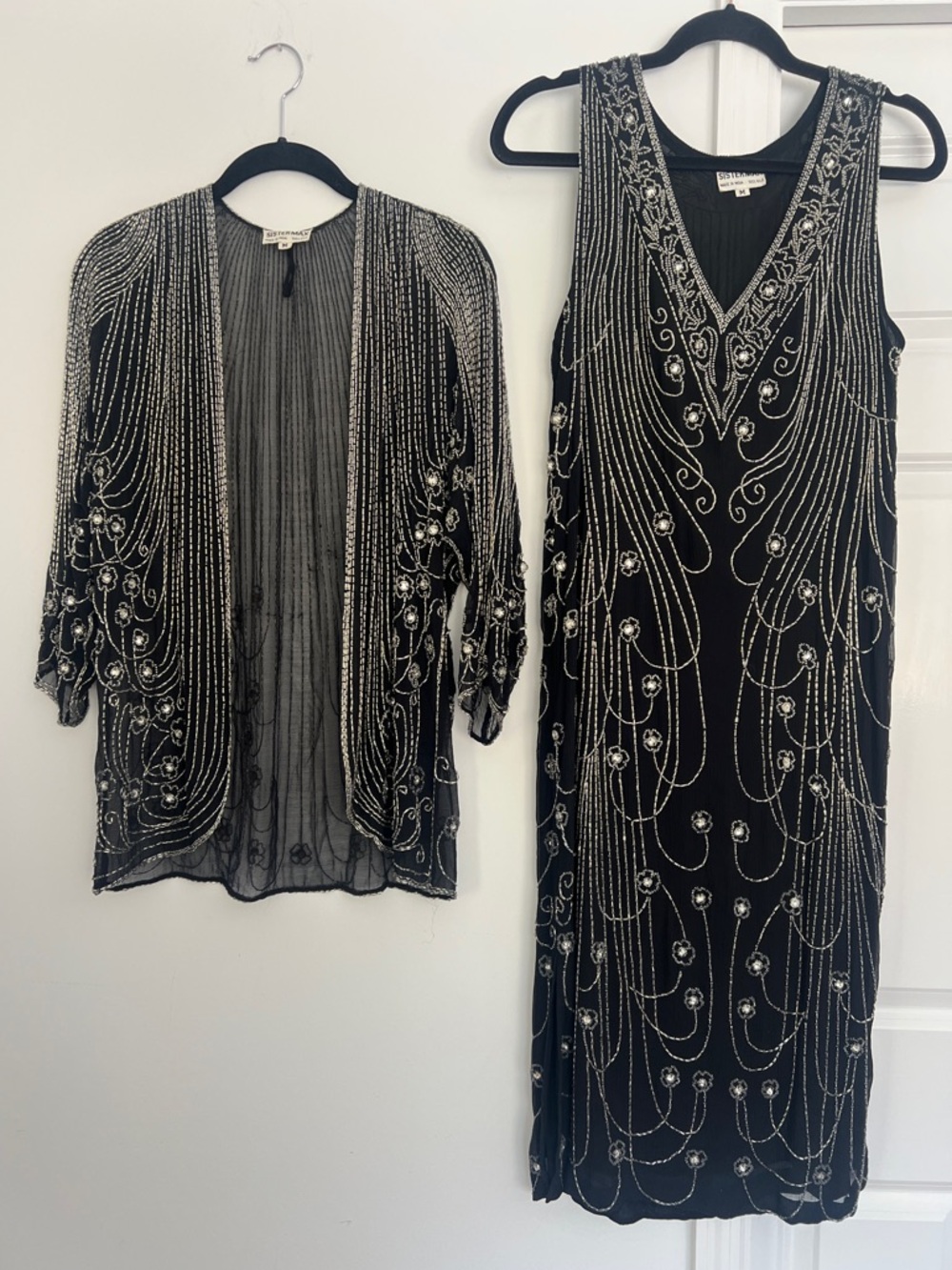 Spectacular Art Deco beaded evening set dress & jacket 100%silk Gatsby Vintage M
